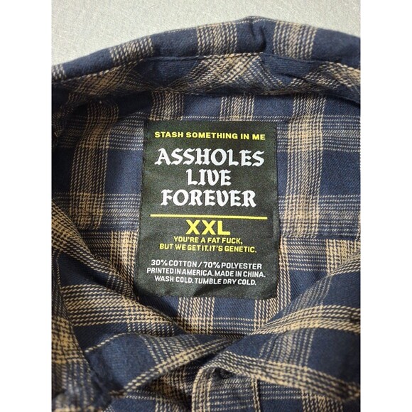 A*sholes Live Forever Flannel Shirt Men XXL Blue Plaid Smoking Skull Embrodiey - Picture 5 of 8